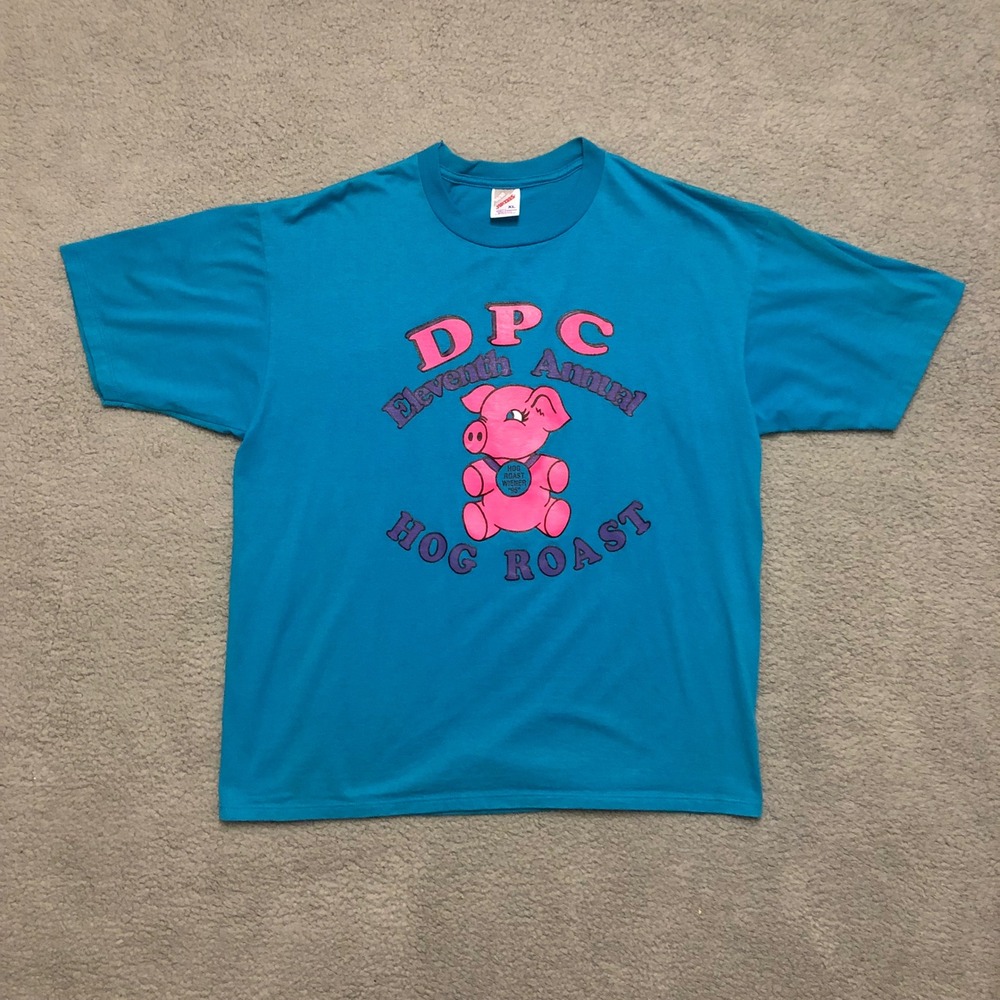 Vintage 1995 Jerzees DPC Hog‎ Roast T-Shirt XL Teal Pink Pig Single Stitch 90s